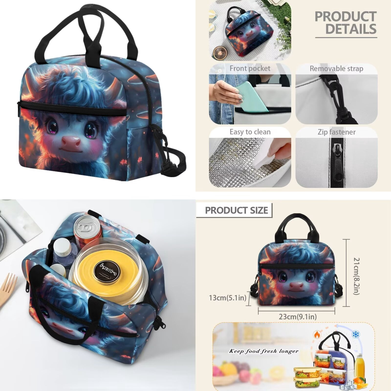 XYZCANDO Highland Cow School Backpack Set 4Pcs with Portable Lunch Bag Multifunctional Pencil Case Water Bottle Bag Carrier Suitable for Elementary Middle School