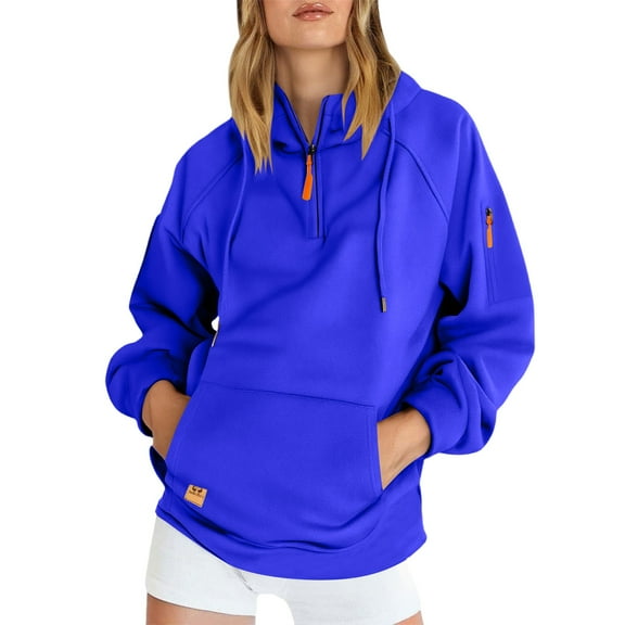 GuzomFashion Womens Blue Half Zip Hoodie - 100% Polyester, Kangaroo & Zippered Sleeve Pocket, Inclusive Sizes S-XXXL,Size S