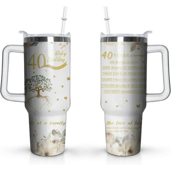 40th Wedding Gifts Anniversary Cups, Ruby Wedding 40th Anniversary Cups, 40th Anniversary Cup For Couple Parents Friends, 40 Oz Stainless Steel Tumbler with Handle and Straw (1 PC)
