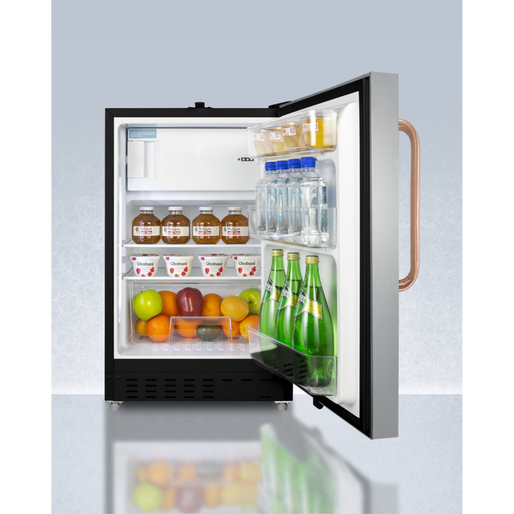 20" wide built-in undercounter ADA compliant refrigerator-freezer with a stainless steel door, front lock, and copper handle