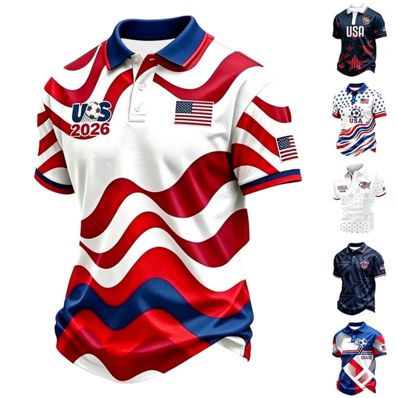 Soccer Cup 2026 Jersey USA Soccer for Men with Wavy Red White Blue Stripes and Polo Collar Short Sleeves Featuring Breathable Fabric for Game Day Parties Tailgating Events Black L