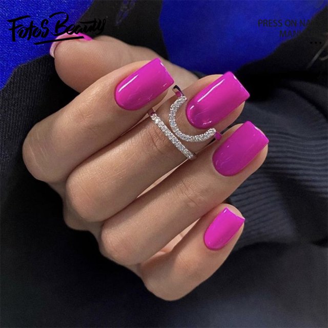 Christmas Decoration Fofosbeauty False Nails, Square Press on Nails Tips Design, Pure Rose Colour