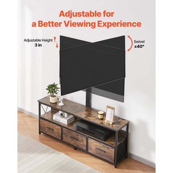 52" Media Console with TV Mount for 75" TVs, Adjustable Height, Power Outlet, LED Lights & 3 Storage Drawers - Brown