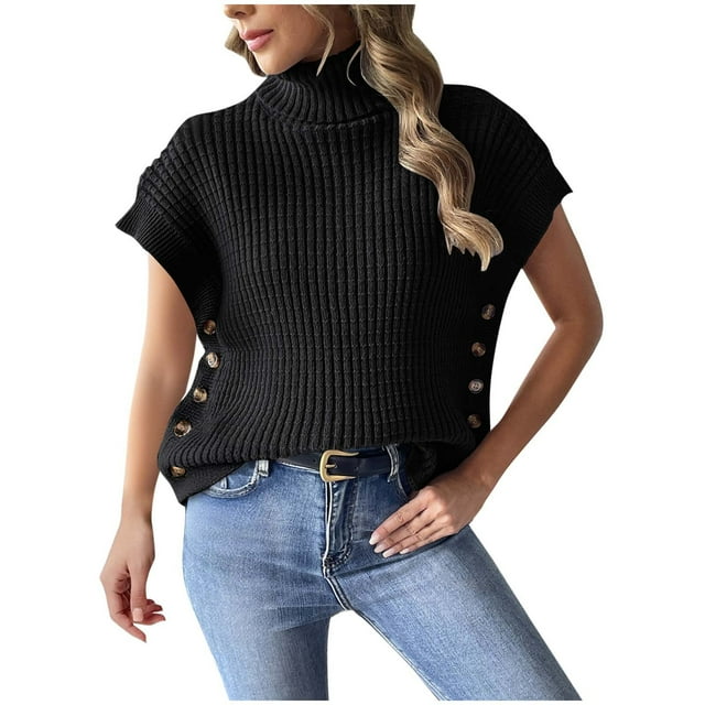 Dagegui Women's Turtleneck Sweaters Solid Cap Sleeve Pullover Side Button Down Jumper Fall Knitted Vest Tops Black,Free Size