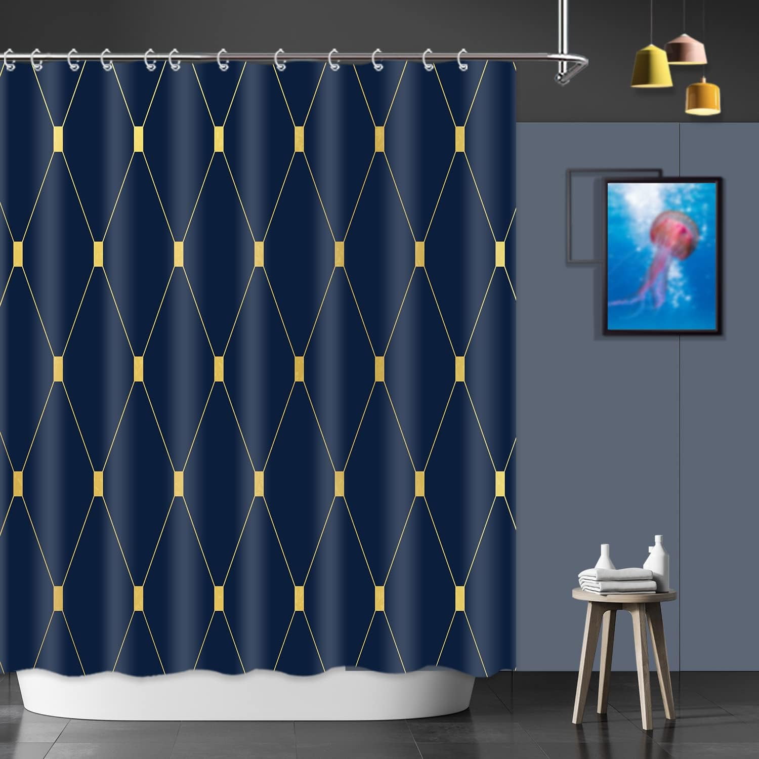 Blue Shower Curtain Navy Blue and Gold Shower Curtains Modern Shower Curtain Set with 12 Hooks for Bathroom Geometric Luxury Fabric Hotel Style Bath Curtain Machine Washable 72x72 Inches Walmart