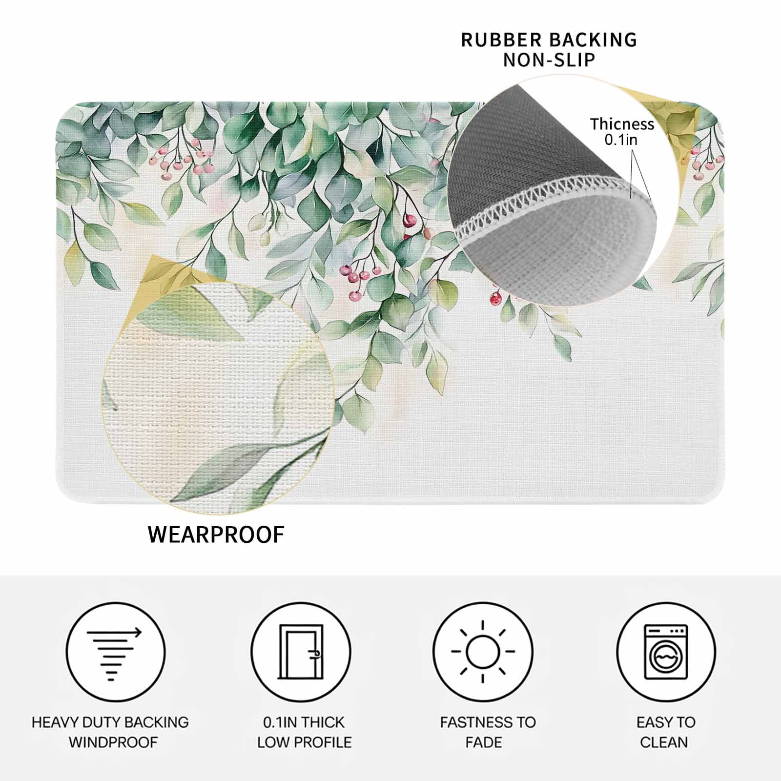 Eucalyptus Doormat Outdoor Entrance 16"x24", Retro Green Spring Botanical Leaf Red Fruit Absorb Moisture Dirt Door Mats, Non-Slip Rubber Backing Floor Mats Indoor, Low-Profile Front Door Rugs