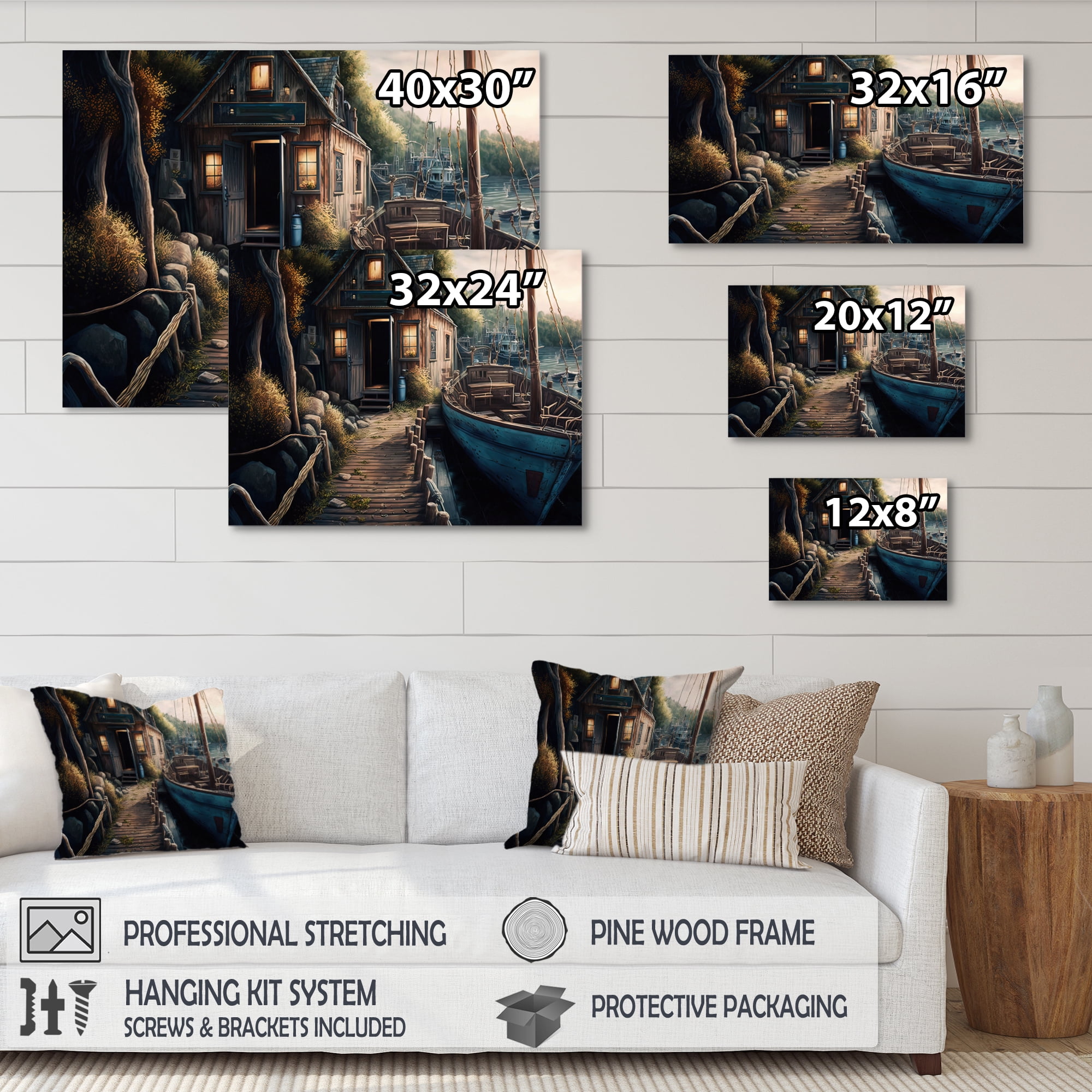 Designart Rustic Port With A Fishing Boat II Canvas Wall Art
