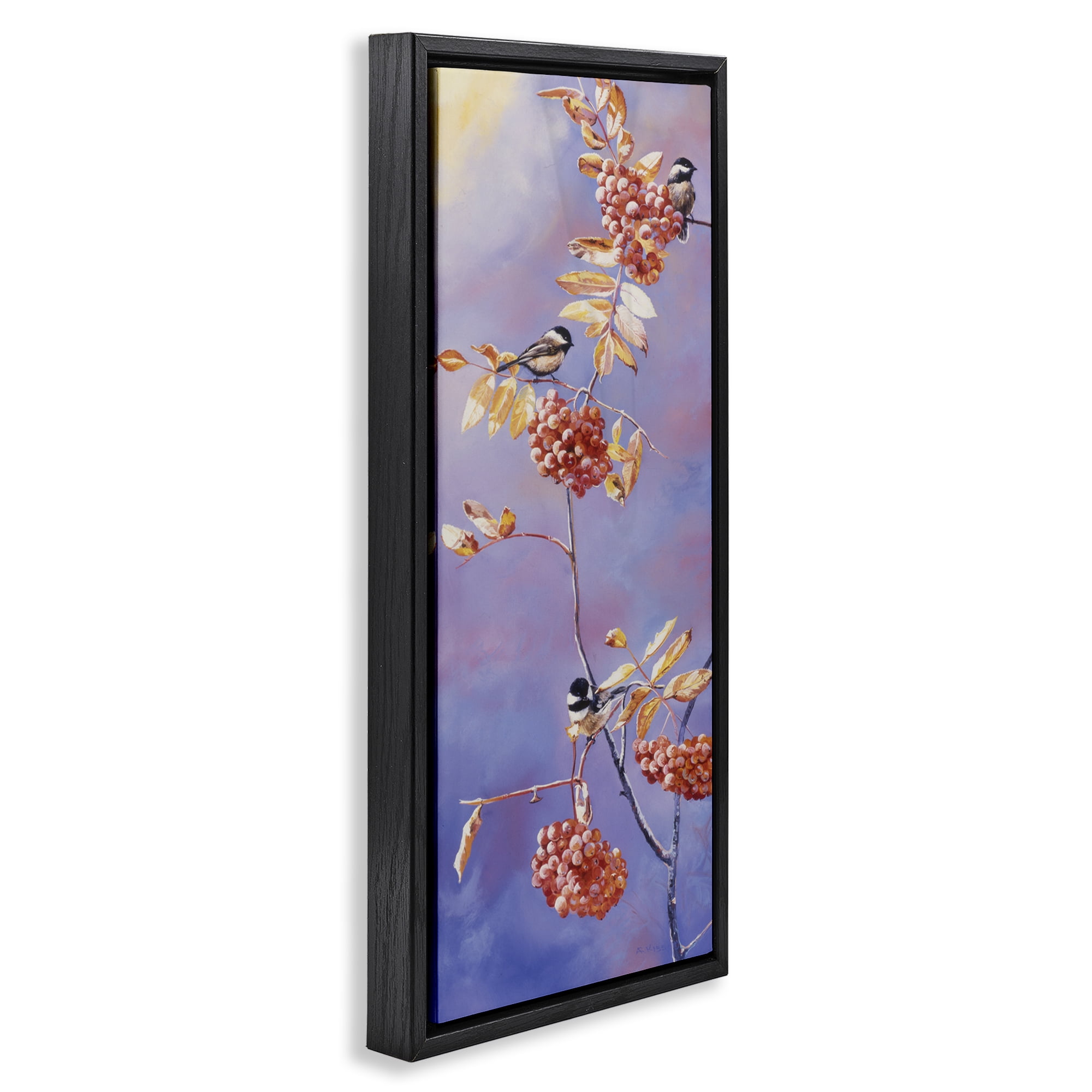Stupell Industries Chickadees & Mountain Ash Plants & Flowers Painting Black Floater Framed Canvas Art Print Wall Art, 11 x 25
