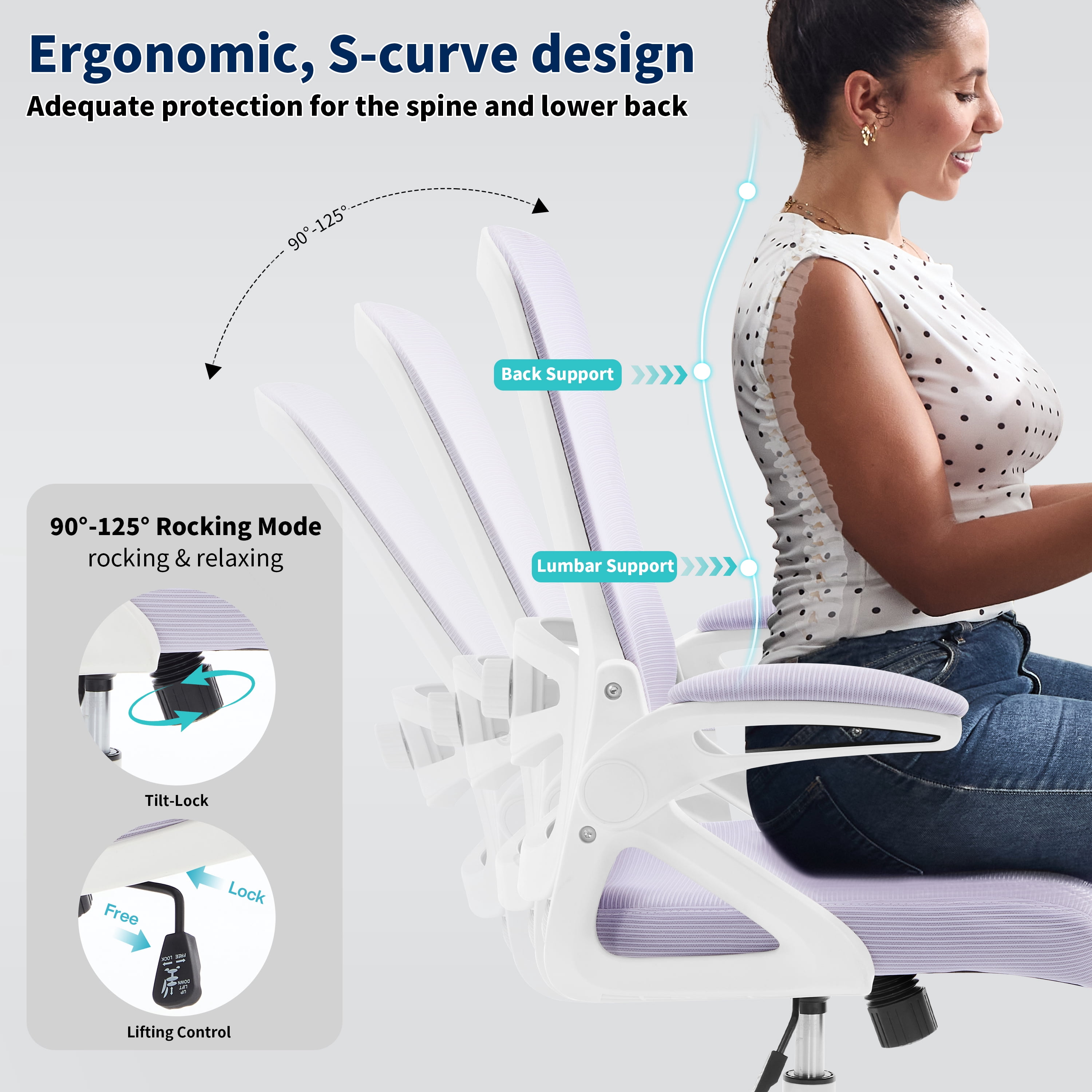 Nexthro Ergonomic Office Chair, Desk Chair with Adjustable Lumbar Support, Breathable Mesh Comfy Computer Chairs with Flip-up Armrests Executive Task Chair for Adults Home Office(Lavender)