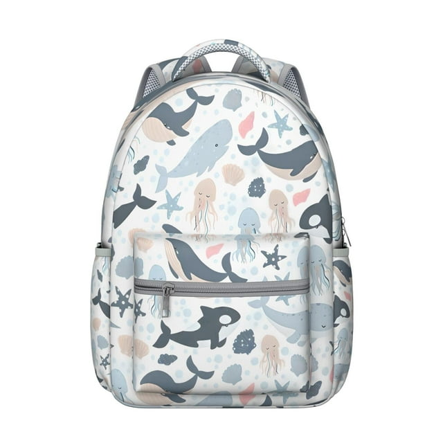 Blue Ocean Whale and Dolphin Student Backpack Waterproof Scratch-Resistant School Bag with Cartoon Marine Life Pattern, Comfortable Adjustable Straps, Perfect for Beach and Outdoors