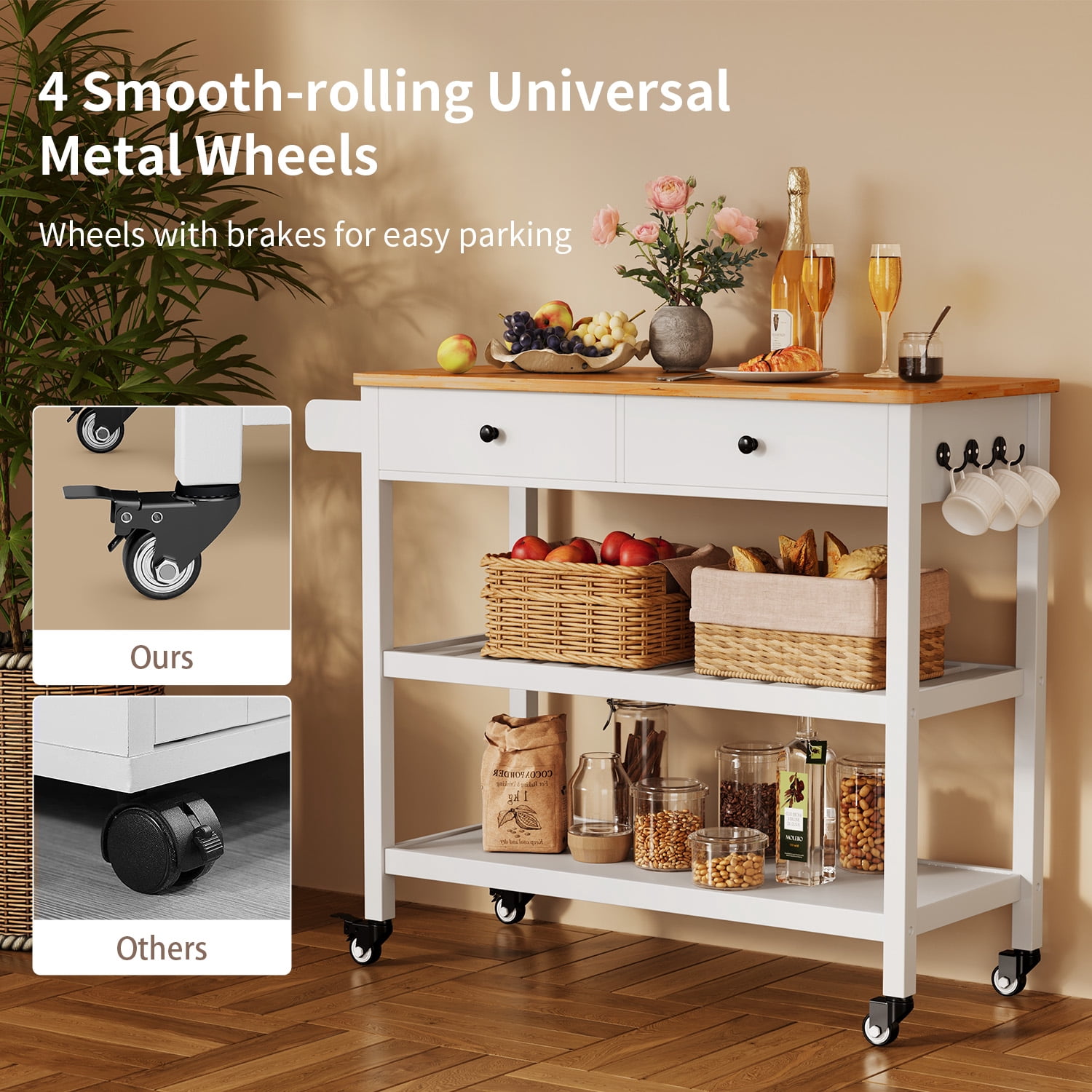 Kitchen Island Cart on Wheels with 2 Open Tiers Storage Shelves, White