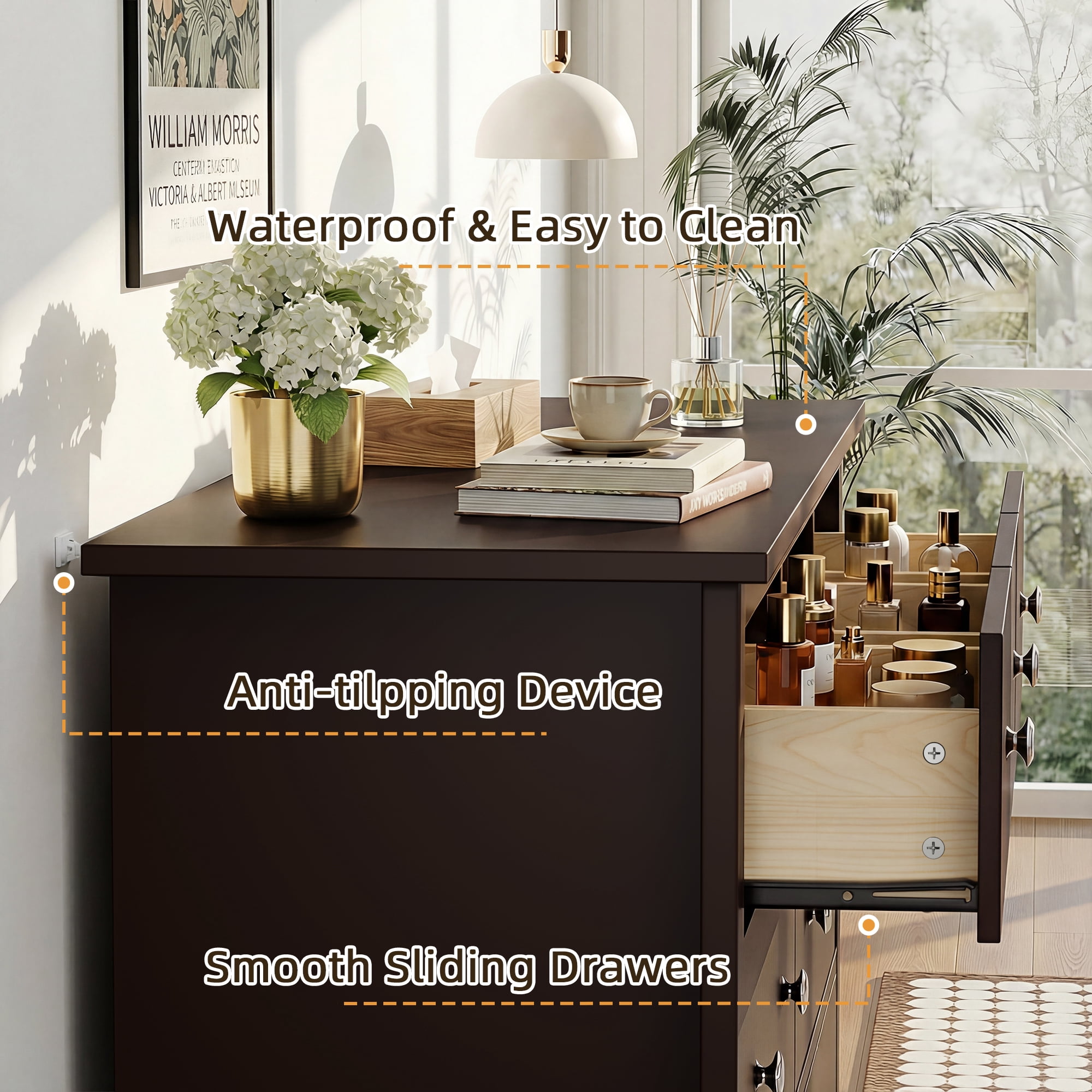 Homall 5 Drawer Double Dresser, Modern Wood Chest of Drawer for Living Room Bedroom,Brown