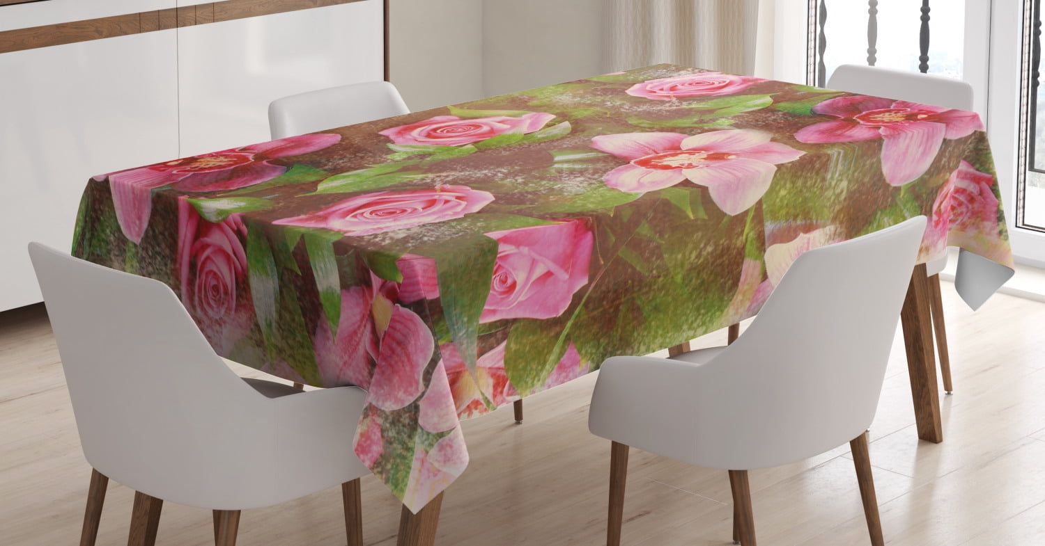 Shabby Chic Decor Tablecloth, Romantic Retro Floral Composition Grunge