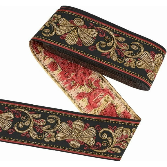 10 Yard Vintage Jacquard Ribbon Gold Jacquard Trim 2-3/8 inch Wide Jacquard Ribbon with Embroidered Metallic Floral Trim Black Gold Embroideried Lace Trim for DIY Clothing