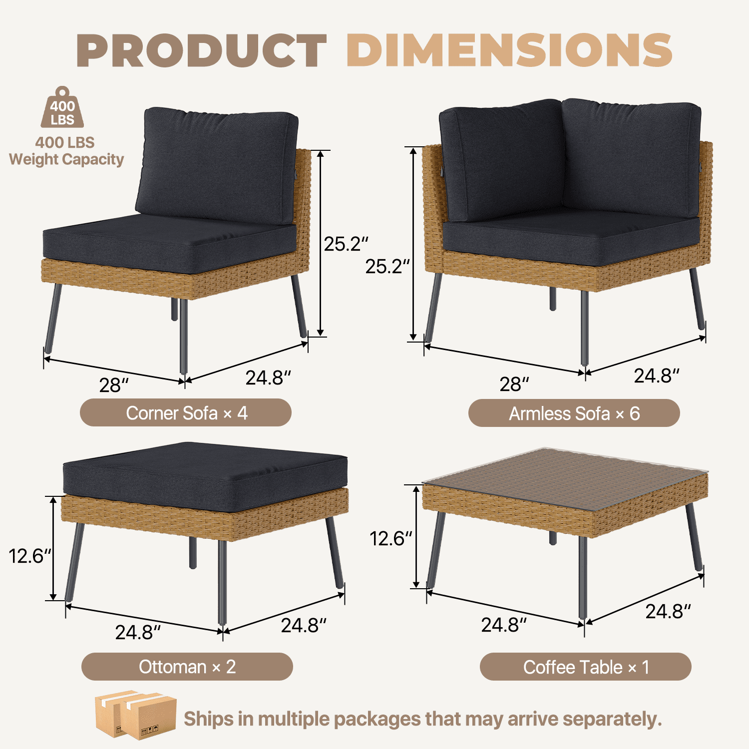 BaPiPro 13-Piece Outdoor PE Rattan Sectional Sofa Set, All-Weather Patio Conversation Set with Cushions & Tempered Glass Coffee Table, Suitable for Courtyard, Backyard and Garden, Black
