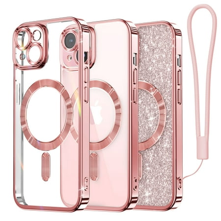 Meifigno Candy Mag Series Case for iPhone 15 Plus, [Compatible with MagSafe] [Wrist Strap & glitter card] Full Camera Lens Protection Case for iPhone 15 Plus 6.7'' for Women Girls, Rose Gold