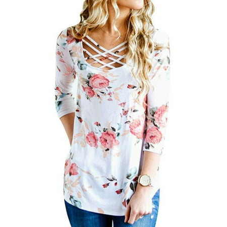 Criss Cross Knot - WLLW Women Long Sleeve Criss Cross Round Neck Floral Print Tops