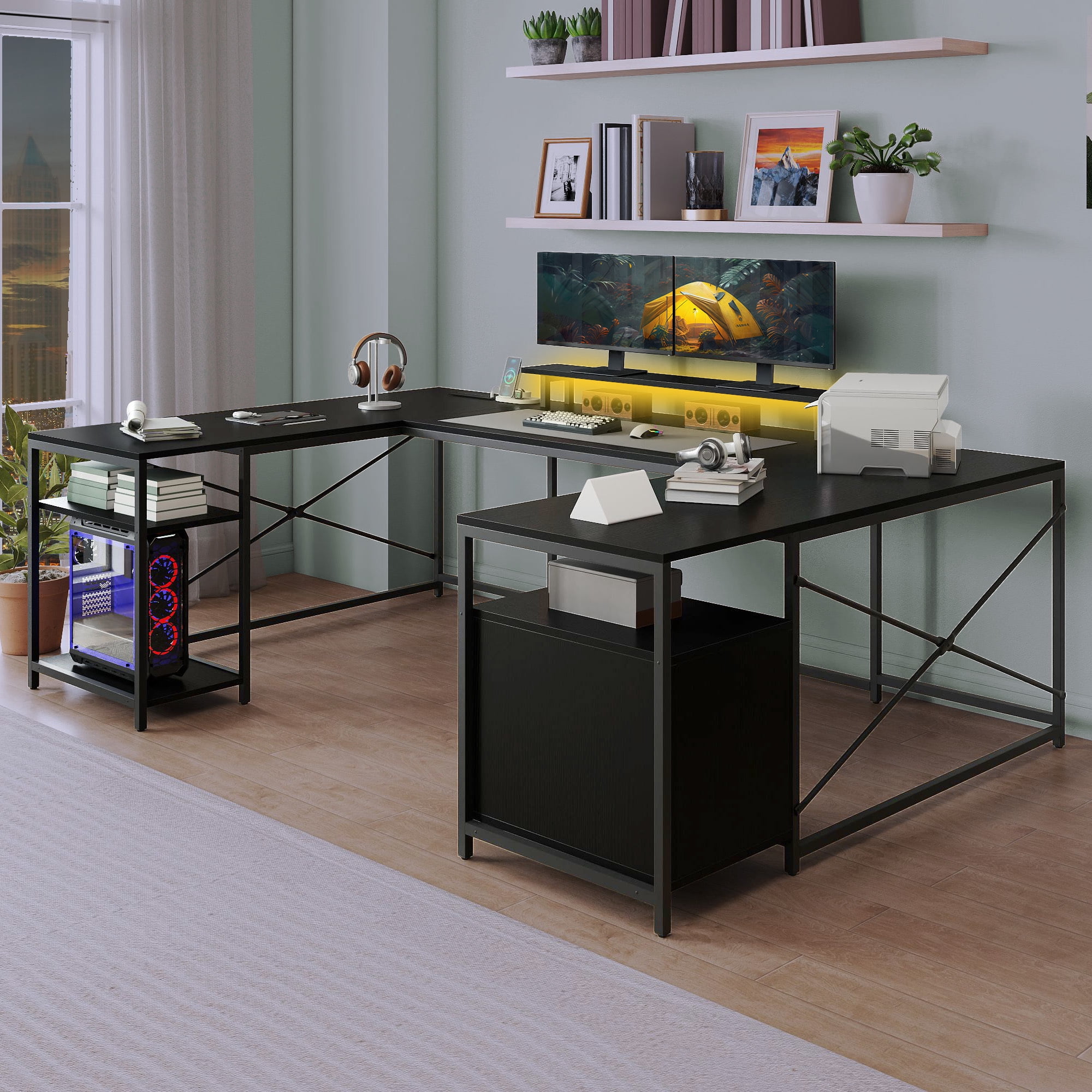 Uforic U Shaped Computer Desk with Power Outlets and LED Lights, Reversible L Shape Desk for Home Office, Black