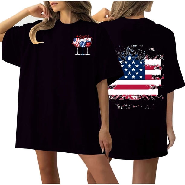Camiseta de Cuello Redondo Impresa Delantera Y Trasera Del Día de la Independencia de las Mujeres, Tops Cortos Casuales para las Mujeres