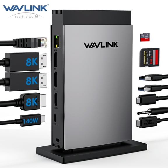 WAVLINK 11-in-1 Laptop Docking Station with 8K Displayport*2   8K HDMI, Triple Display USB C Dock with 140W Power, RJ45, 10G USB-C, SD/TF Slot, USB 3.0*2, Audio/Mic, for M1/M2/M3&Windows Laptops