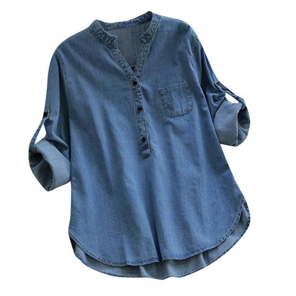 Women Summer Tops Women's Casual Denim Asymmetrical Hem Long Sleeve Buttons Pocket Tops Blouse Long Sleeve Knit for Women Ladies Button down Shirt Western Top Neck Scrub V Neck Shirt Button Light