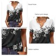 thumbnail image 4 of Mujer Verano Botón Cuello Camiseta Manga Corta Impreso Casual Suelto Jersey Top Negro L, 4 of 5