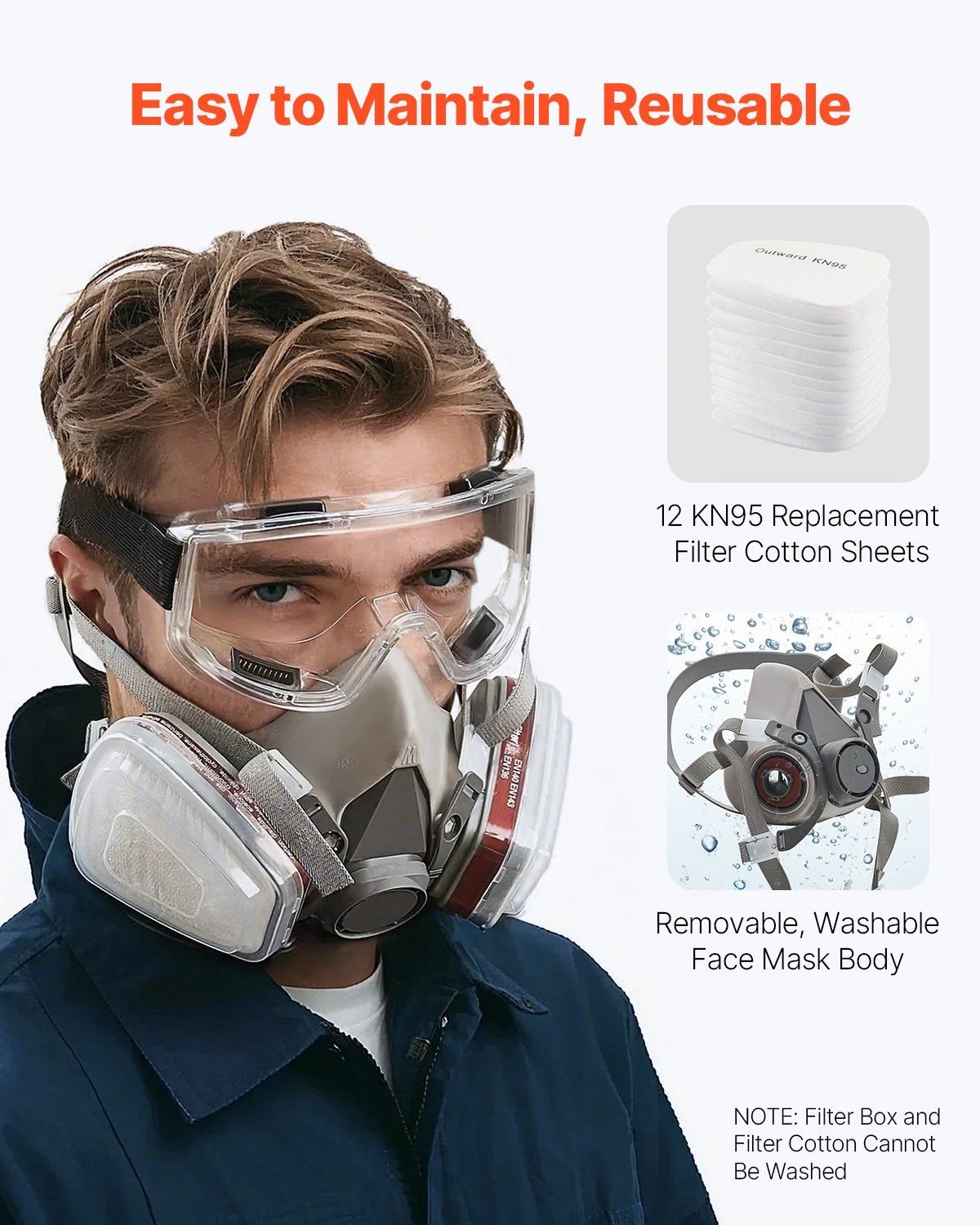 Respirator Mask Reusable Half Face Cover with Safety Glass and 12 Filters, Dual-Layer Filtration Dust Mask with Adjustable Straps, Washable Hazmat Mask for Painting, Spraying, Renovation, and Mining