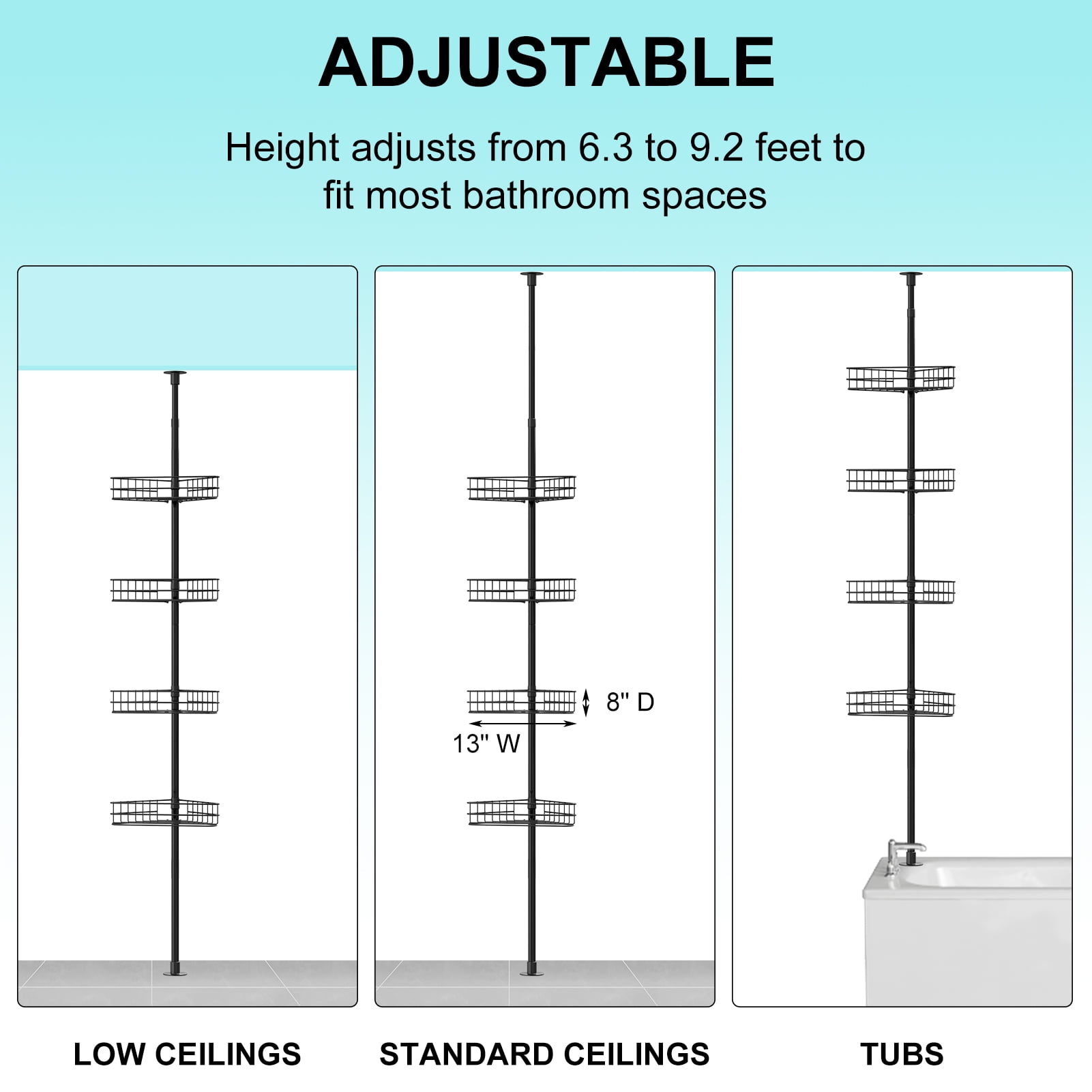 4-Tier Adjustable Tension Pole Corner Shower Shelve – Rust-Resistant Bathroom Organizer Shelf with Baskets & Towel Bars, Perfect for Kitchens, Bathrooms, and Bedrooms, Black