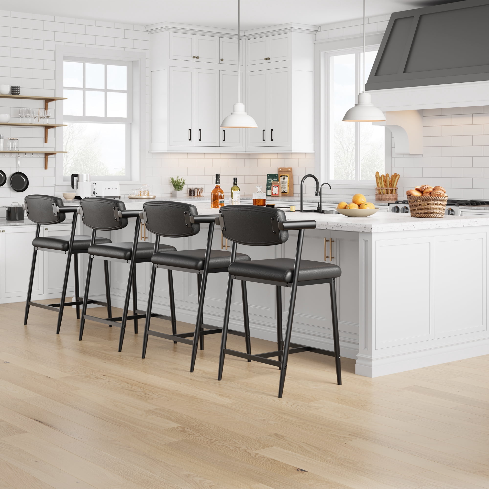 Modern Set of 2 Black Leather Counter Height Bar Stools with Arms & Back, Thickened Upholstered Cushion, Metal Footrest – Easy Assembly, Kitchen Island, Dining Room, 2pcs per Package, Black Leather