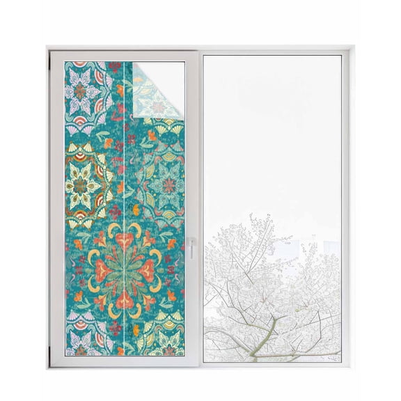 Window Privacy Film Green Boho Stained Glass Window Film Decorative Sun Block Window Cover Shabby Vintage Ethnic Abstract Floral Art Window Clings Static Adhesive Sticker for Bathroom 29.5"x78.7"