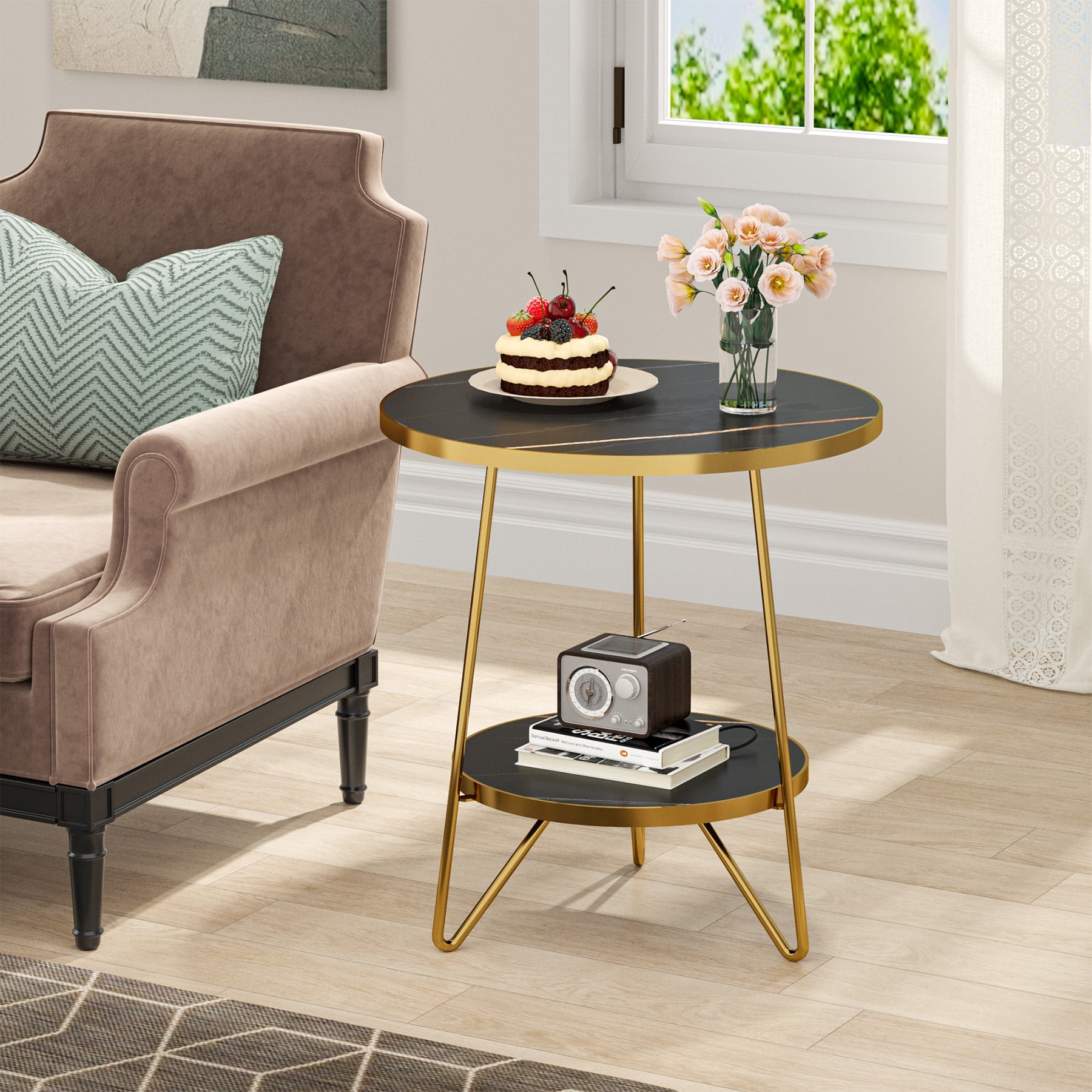 Tribesigns Modern 2-Tier Round End Table, Small Faux Marble Side Table with Shelves and Metal Legs for Living Room, Bedroom, Black & Gold