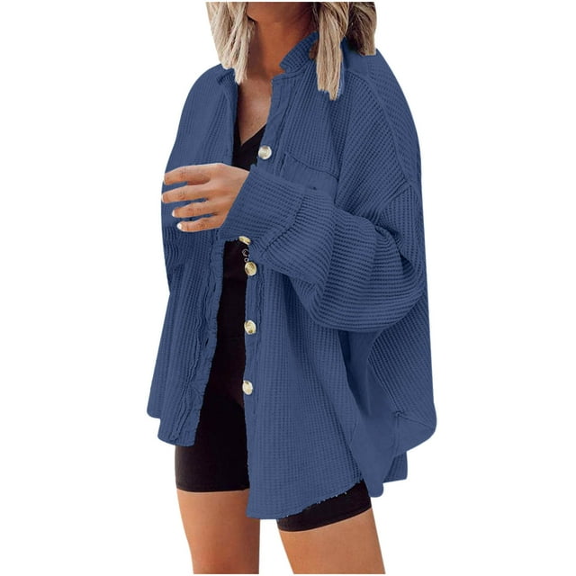 AherBiu Long Sleeve Shirts for Women Button down V Neck Oversized Jackets Spring Fall Tops Outwear