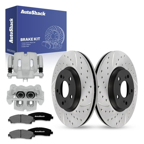 AutoShack Front Drilled & Slotted Brake Rotors Premium Ceramic Brake Pads Calipers | Replacement for 2006-2011 Honda Ridgeline 3.5L V6 AWD | E-Coated | 8-PC Brake Kit | ShadowGuard