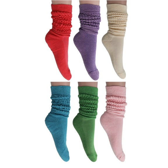 6 Pairs Slouch Knee High Scrunch Socks for Women and Men - (Hot Pink-Purple-Ecru-Capri-Forest Green-Pink)