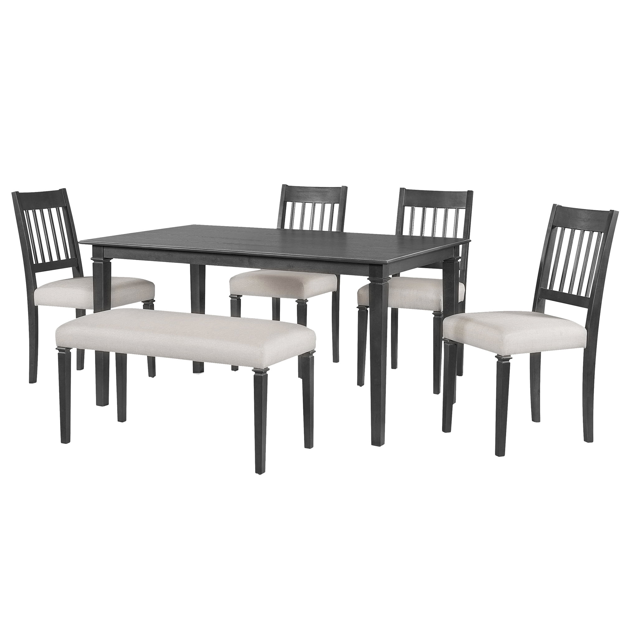 Euroco 6 Pieces Wood Dining Table Set with Bench,Retro Rectangular Table with 4 Upholstered Chairs & 1 Bench for Kitchen & Dining Room,Grey