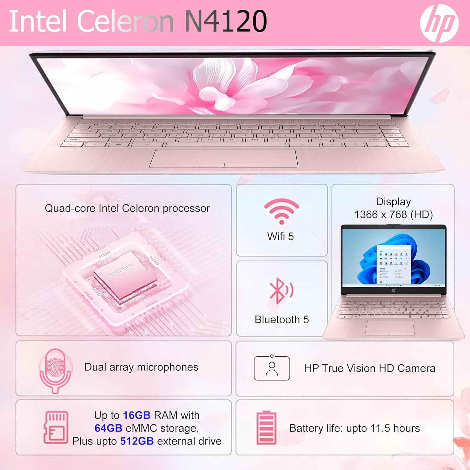 HP Ultralight 14 inch Laptop with Intel 4-Core Processor • with Microsoft 365 and Wireless Earbuds • 8GB RAM • 128GB SSD& 128GB Onboard & 1TB Cloud Storage • HD Display • Pink • Windows 11