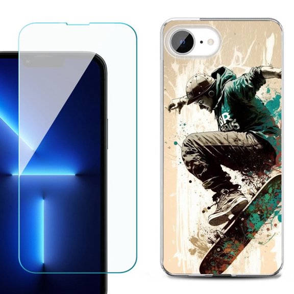 For For iPhone 16e Phone Case Cover, Shockproof Case with Tempered Glass Screen Protector, by OneToughShield - Skateboarding