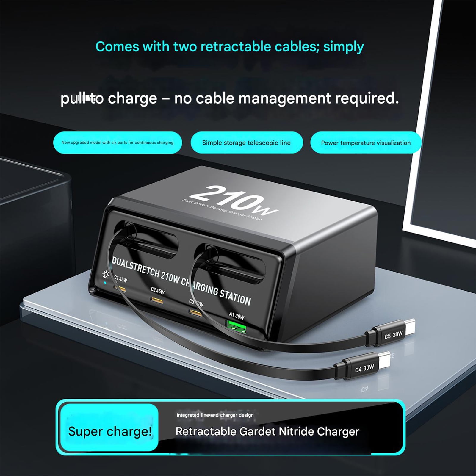 Compact Retractable Cable Chargers 210W for Phones Tablets Laptops Multi Port Design Efficient Charging
