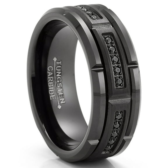 Metal Masters Mens Tungsten Carbide Black Brick Design Wedding Band Engagement Ring Cubic Zirconia Comfort-Fit 8mm