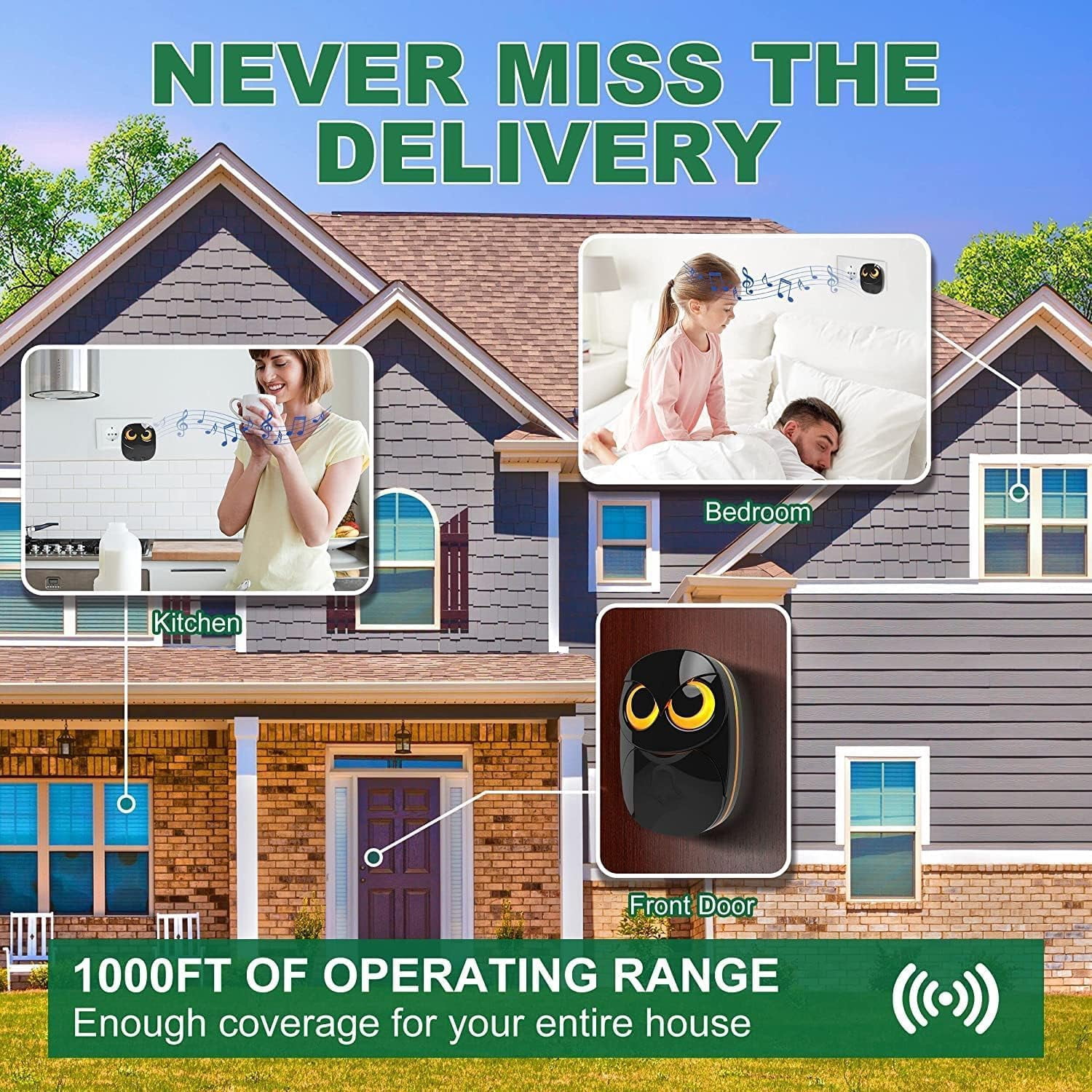 Wireless doorbell, cute owl doorbell, weatherproof IP55 outdoor remote control button