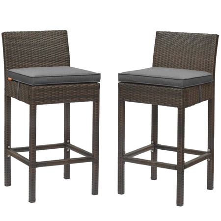Contemporary Modern Urban Designer Outdoor Patio Balcony Garden Furniture Bar Side Stool Chair, Set of Two, Fabric Rattan Wicker, Brown Gray Grey