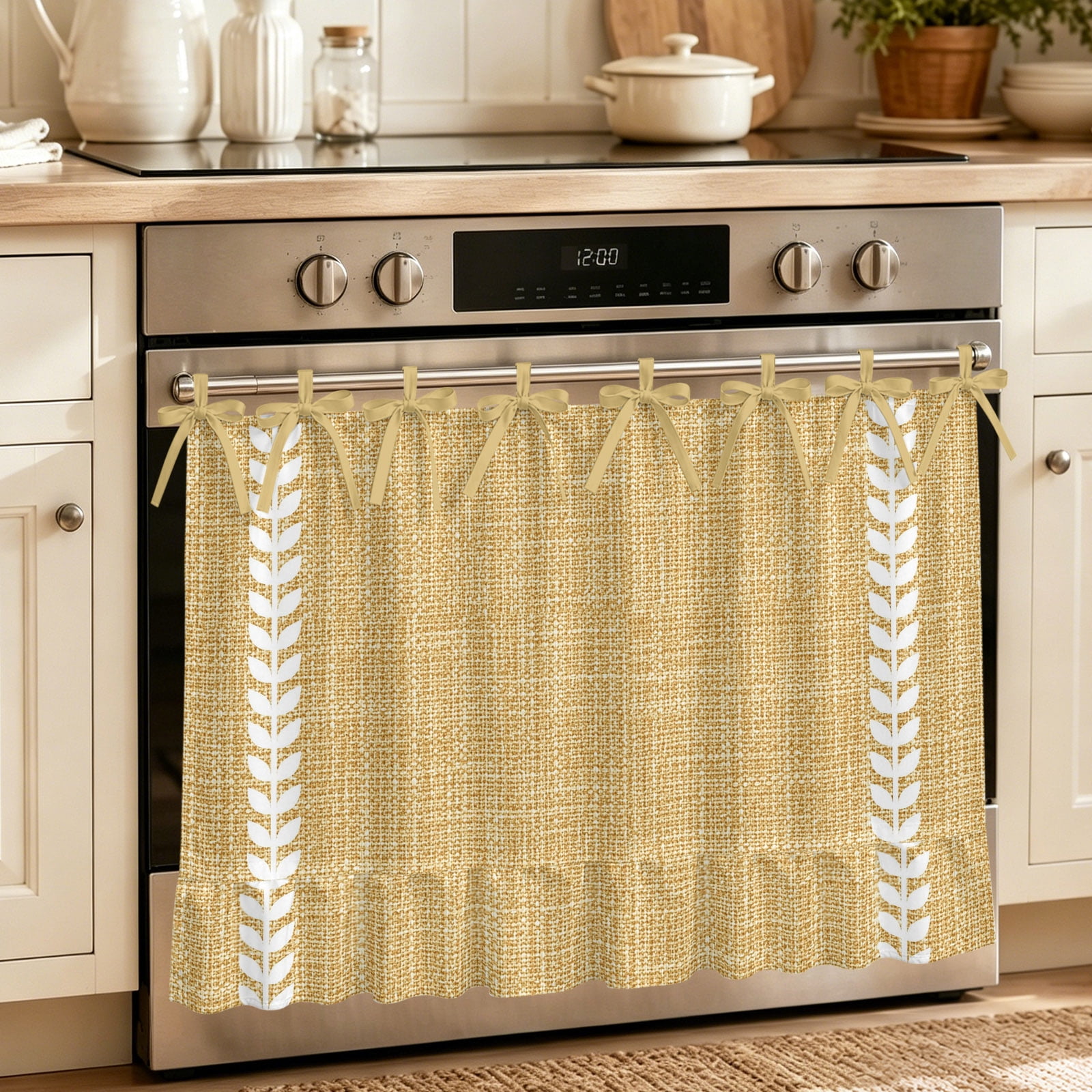 Oven Skirt Curtain for Kitchen 24x32 Inch Fall Simple Botanical Oven Curtain with 8 Ribbon Ties & Ruffle Trim Stove Skirt Curtain Dishwasher for Cabinets Sinks Modern Rustic Leaf Stripes Yellow