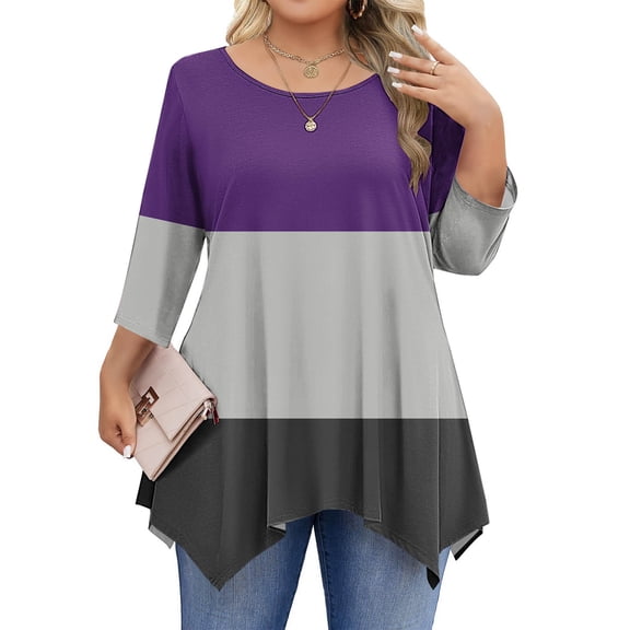 Gamivast Womens Plus Size Tops 3/4 Sleeve Color Block Oversized Tunic Shirts Holiday Casual Crew Neck Asymmetric Hem Blouse Summer Spring Outfits