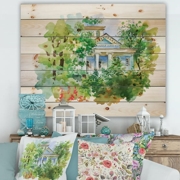 Designart 'White House In The Green Woods' Traditional Print on Natural Pine Wood