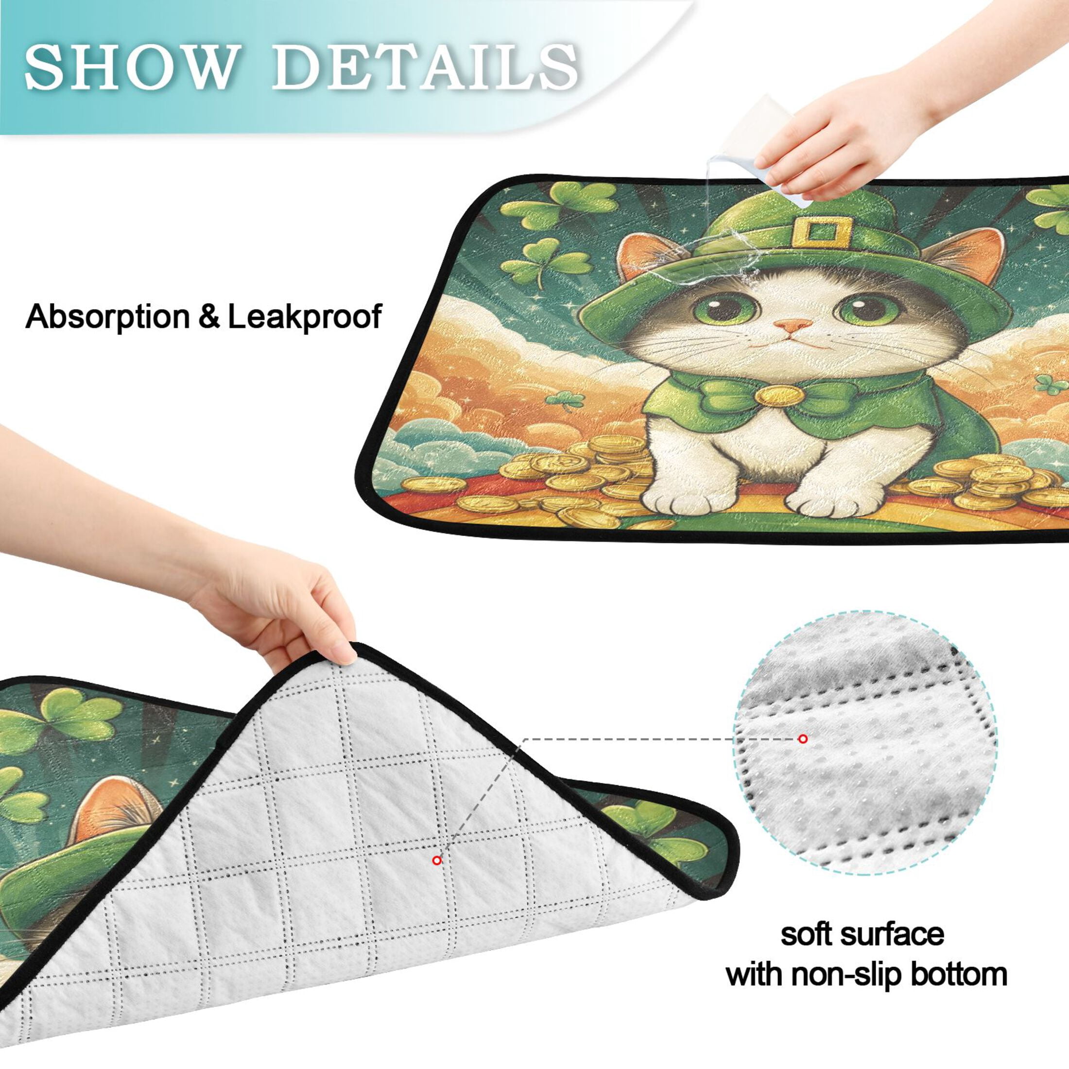Qxltty St Patricks Cat Cat litter Pads Pet Set of 2 Diaper Mats Center Anti-leakage Layer Absorbent Soft and Comfortable
