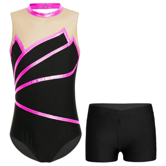 JanJean Kids Girls Sleeveless Sheer Mesh Patchwork Keyhole Back Gymnastics Dance Leotard with V-front Hot Pink 6
