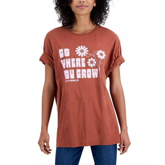 SmileyWorld Juniors’ Cotton Go Where You Grow Graphic T-Shirt, Brown, Medium