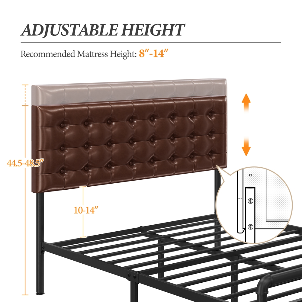 SMILE MART Metal Platform Queen Bed with Tufted Faux Leather Headboard, Brown - image 5 of 9