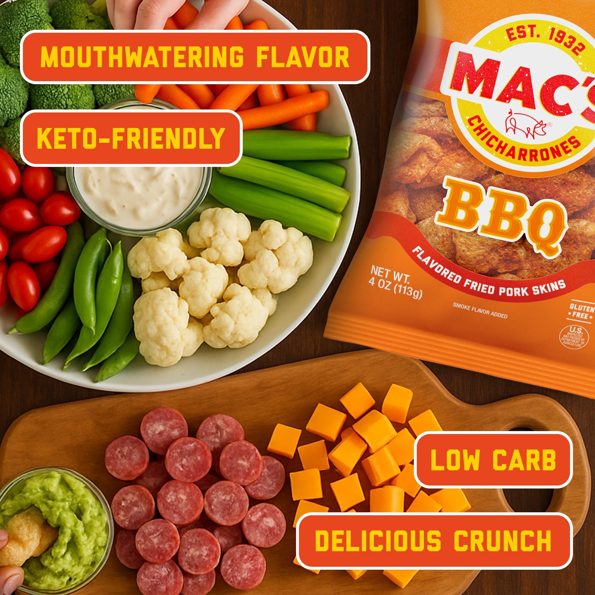 (4 pack) Mac's BBQ Chicharrones Pork Rinds, Pork Skins, 4 oz Bag