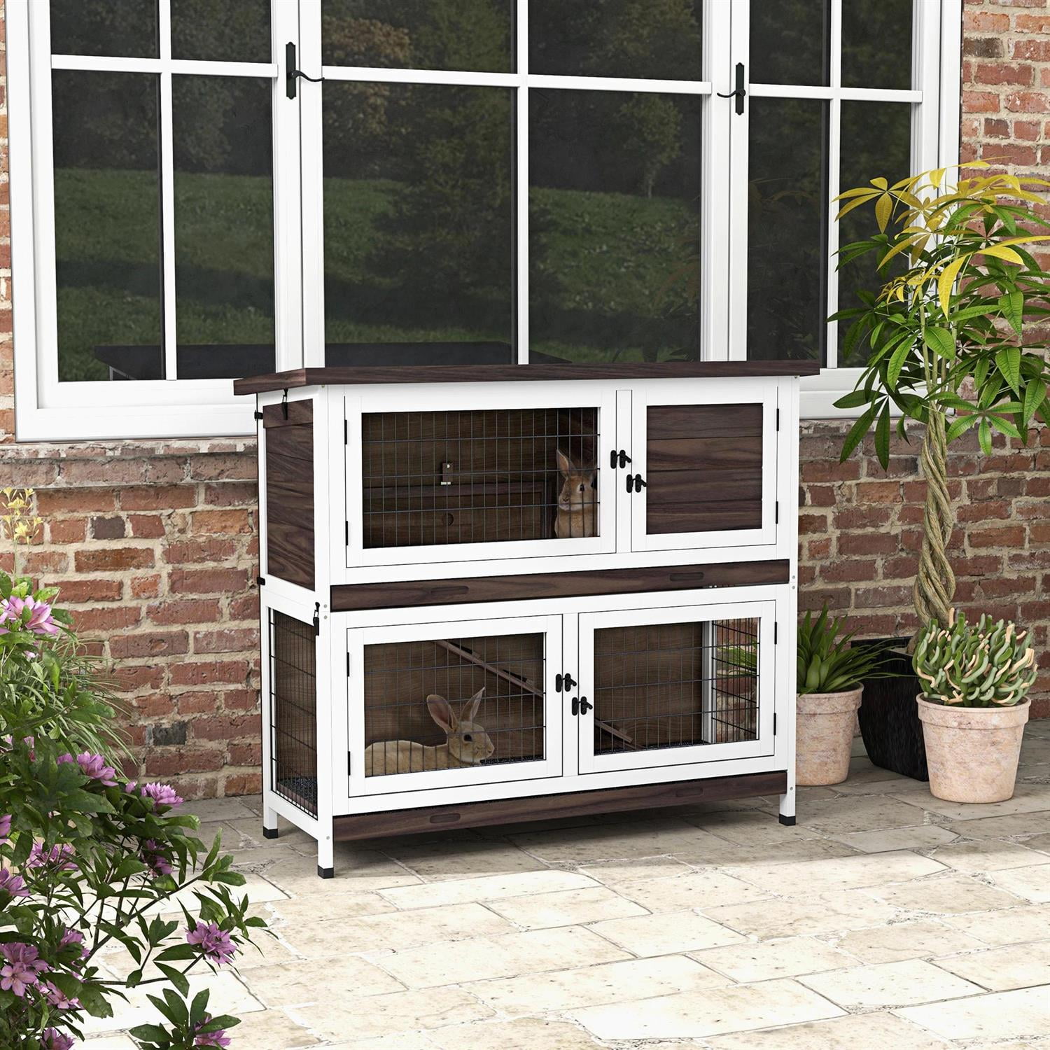 Pefilos 46" Outdoor Wooden Rabbit Hutch with Ramp, Removable Trays, Outdoor Bunny Enclosure Guinea Pig Cage for Small Animals, Brown